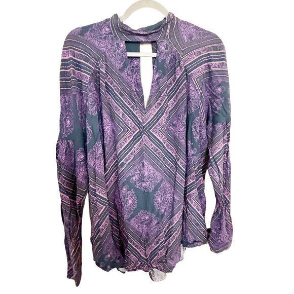 Free People Walking On a Dream Tunic Long Sleeve Paisley Top Purple Size Medium - Picture 2 of 7